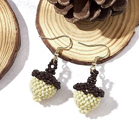 Glass Seed Beads Dangle Earrings, with 304 Stainless Steel Earring Hooks, Acorn, Light Gold