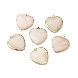 Natural Freshwater Shell Pendants, Heart Charms with Golden Tone Brass Edge