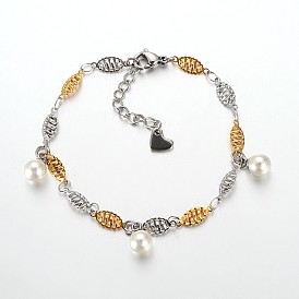 304 bracelets de charme d'acier inoxydable, avec de l'acrylique imiter perles et de homard fermoirs griffe, 6-1/2 pouces (165 mm), 4mm