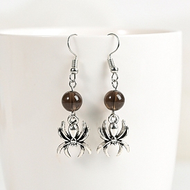 Natural Gemstone Dangle Earrings, Alloy Halloween Spider Jewelry for Women