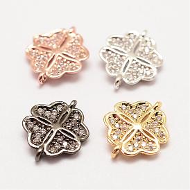 Brass Micro Pave Grade AAA Cubic Zirconia Links, Long-Lasting Plated, Clover, Cadmium Free & Nickel Free & Lead Free