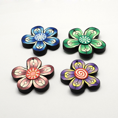 Handmade Polymer Clay Flower Pendants, 47~52x7~8mm, Hole: 2mm