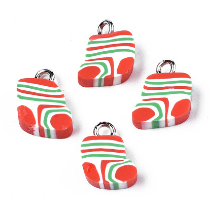 Handmade Polymer Clay Charms, with Platinum Tone Iron Loop, Christmas Stocking