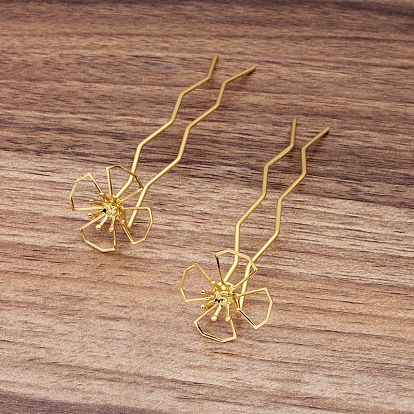 Iron Hair Fork Findings, with Brass Flower Findings, Bead Cap