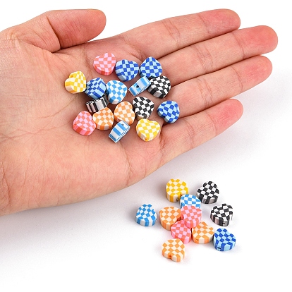 120Pcs 6 Colors Handmade Polymer Clay Beads, Heart with Tartan Pattern