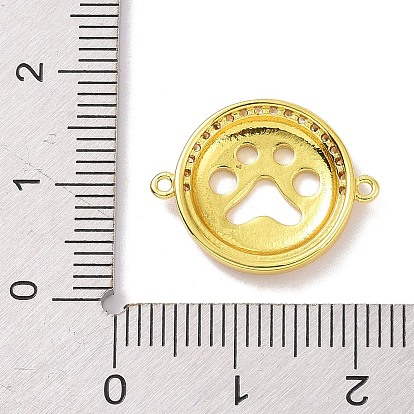 Real 18K Gold Plated Brass Micro Pave Cubic Zirconia Connector Charms, Flat Round with Hollow Paw Print Links