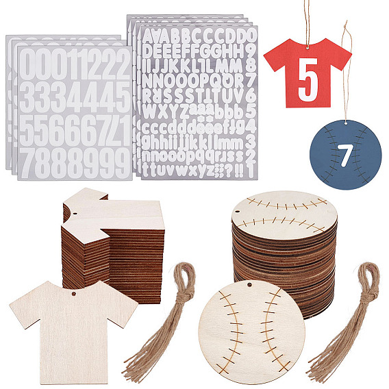 2 Styles Unfinished Wood Pendant Decorations, with Jute Ropes, 7 Sheets PVC Self-Adhesive Letter & Number Stickers
