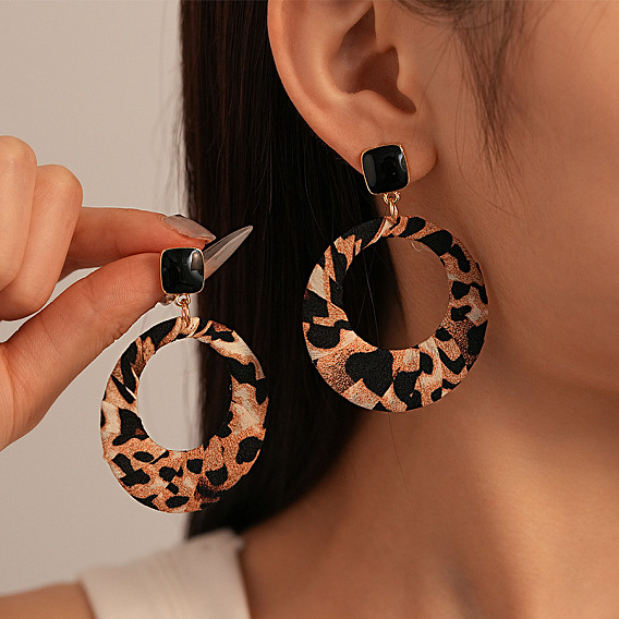 Сплав смола болтаться серьги, с тканью, плоский круглый леопардовый принт