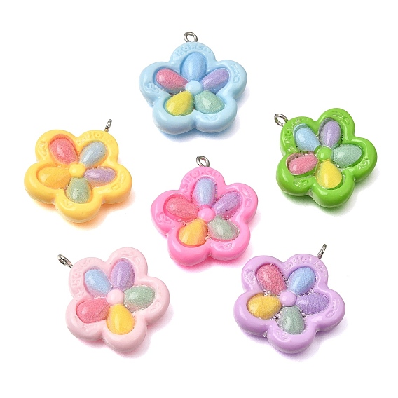 Opaque Resin Pendants, Multicolor Flower Charm, with Platinum Iron Loop