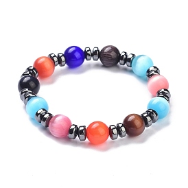 Cat Eye Beads Stretch Bracelets, with Synthetic Non-magnetic Hematite, Round