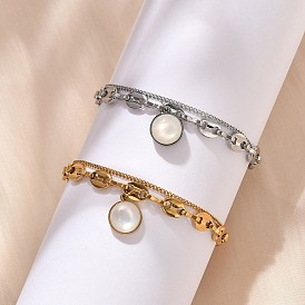 304 Браслеты из нержавеющей стали с подвесками в виде кофейных зерен и кабеля Cahin для женщин, с белыми плоскими круглыми подвесками в виде ракушки