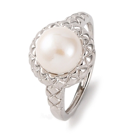 Rhodium Plated 925 Sterling Silver Adjustable Rings, Round Natural Pearl Bead Finger Rings for Women