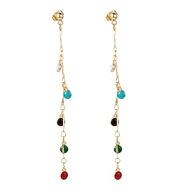 Brass Enamel Chain Tassel Earrings, with 304 Stainless Steel Stud Earring Findings and Iron Ear Nuts, Flat Round, Colorful