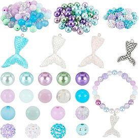 Set zum Basteln eines Bettelarmbands mit Meerjungfrauenschwanz, einschließlich Geleeimitat & Perlen & Edelstein-Acryl-Rundperlen, Anhänger aus Harz und Legierung
