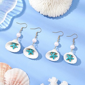 304 серьги-подвески в форме ракушки из нержавеющей стали, с бусинами из искусственной бирюзы в виде морской звезды и подвесками из ракушек, с помпоном из пластика