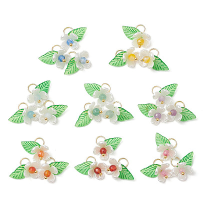 8 шт 8 стили натуральные смешанные драгоценные камни цветы подвески, с имитацией жемчуга из АБС-пластика и акриловыми листьями, смешанные окрашенные и неокрашенные