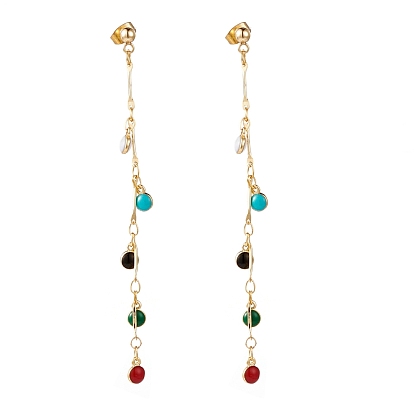 Brass Enamel Chain Tassel Earrings, with 304 Stainless Steel Stud Earring Findings and Iron Ear Nuts, Flat Round, Colorful