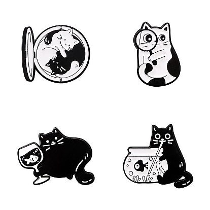 Lovely Cat with Magnifying Glass/Cup/Fish Brooches, Black Alloy Enamel Pins