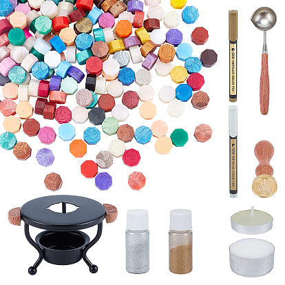 Wax Seal Stamp Set, Including Sealing Wax Particles, Candle, Metallic Markers Paints Pens, Shiny Laser Glitter Dust Powder, Wood Alloy Wax Furnace