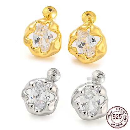 Flower 925 Sterling Silver with Clear Cubic Zirconia Stud Earring Findings, Earring Settings for Half Drilled Beads, with S925 Stamp