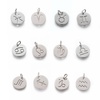 304 Stainless Steel Pendants, Flat Round with Twelve Constellation/Zodiac Sign