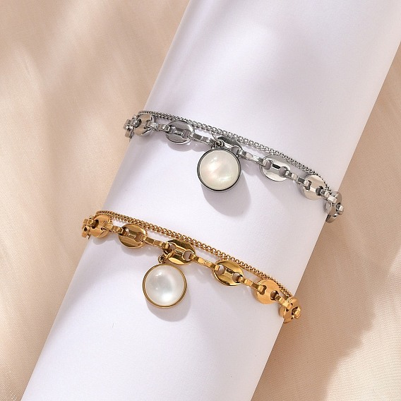 304 Браслеты из нержавеющей стали с подвесками в виде кофейных зерен и кабеля Cahin для женщин, с белыми плоскими круглыми подвесками в виде ракушки