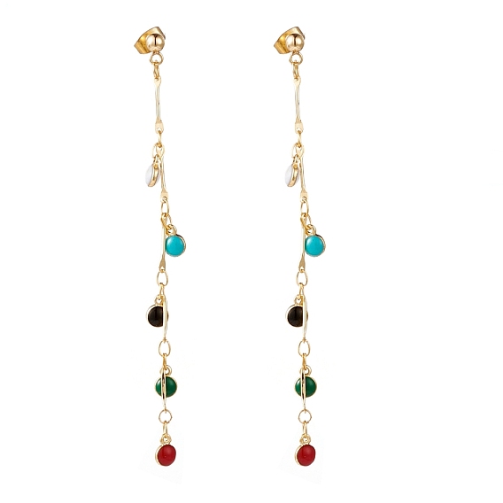Brass Enamel Chain Tassel Earrings, with 304 Stainless Steel Stud Earring Findings and Iron Ear Nuts, Flat Round, Colorful