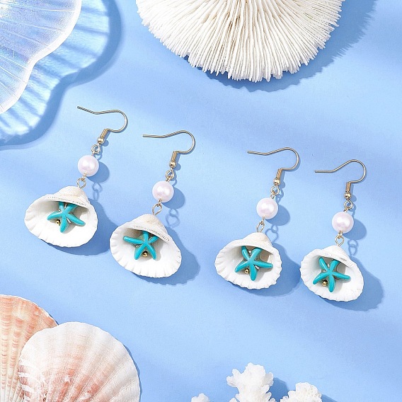 304 серьги-подвески в форме ракушки из нержавеющей стали, с бусинами из искусственной бирюзы в виде морской звезды и подвесками из ракушек, с помпоном из пластика