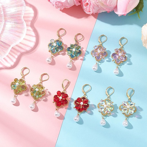 Серьги-подвески в форме цветка с каплевидными стеклянными бусинами, с 304 фурнитурой для сережек из нержавеющей стали, золотые