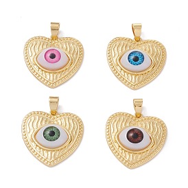 Brass Pendants, with Resin Cabochons, Long-Lasting Plated, Heart with Evil Eye, Real 18K Gold Plated
