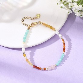Faceted Natural Yellow Opal & Amazonite & Carnelian Beaded Bracelets for Women, with Heart Natural Rose Quartz and Pearl, Golden
