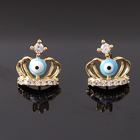 Crown Devil Eye Earrings with Turkish Ear Studs and Copper Plated Gold Micro-inlaid Zirconia Stones