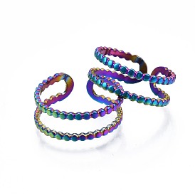 304 Stainless Steel Double Line Wrap Cuff Ring, Rainbow Color Open Ring for Women