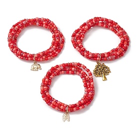 3Pcs 3 Styles Glass Stretch Bracelets, Alloy Charm Bracelets