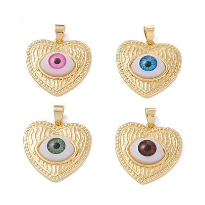 Brass Pendants, with Resin Cabochons, Long-Lasting Plated, Heart with Evil Eye, Real 18K Gold Plated