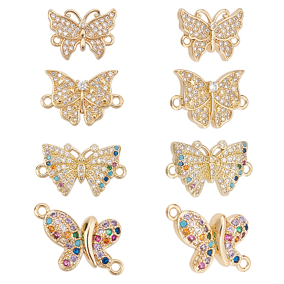 8Pcs 4 Style Brass Micro Pave Clear Cubic Zirconia Links, Long-Lasting Plated, Butterfly