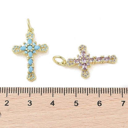 Real 18K Gold Plated Brass Micro Pave Cubic Zirconia Pendants, with Glass and Jump Ring, Cross