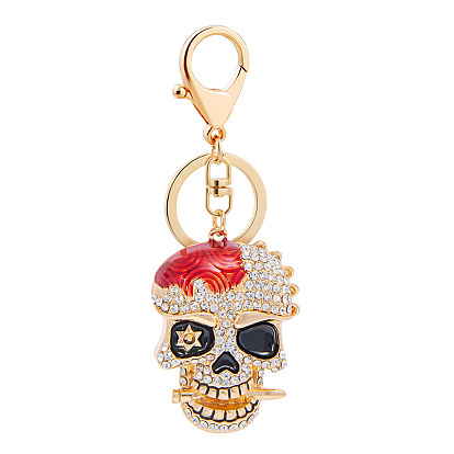Skull Pendant Keychain, Alloy Rhinestone & Enamel Keychain with Split Key Ring & Lobster Claw Clasps