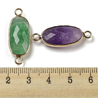 Natural Mixed Gemstone Connector Charms, Faceted Oval Links with Light Gold Plated Brass Edge