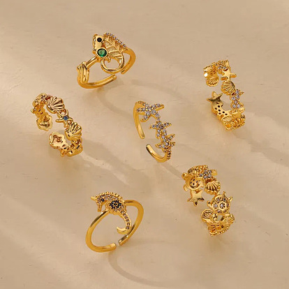 Манжеты из латуни с микро паве кубический цирконий для женщин, темы морских животных, золотые