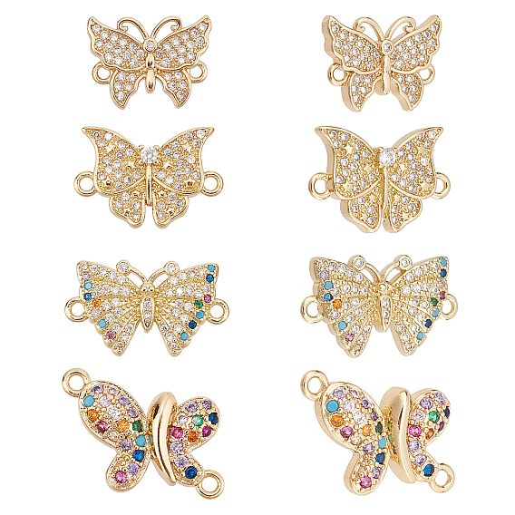 8Pcs 4 Style Brass Micro Pave Clear Cubic Zirconia Links, Long-Lasting Plated, Butterfly