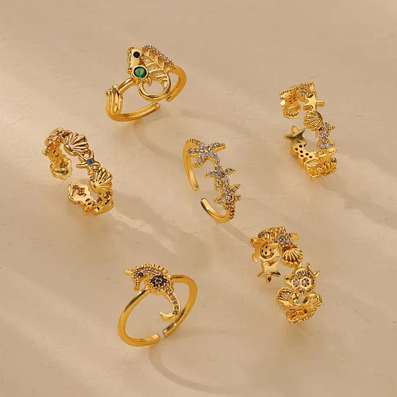 Манжеты из латуни с микро паве кубический цирконий для женщин, темы морских животных, золотые