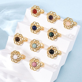 304 регулируемые открытые манжеты из нержавеющей стали, Кольца из натуральных камней для женщин, ионное покрытие (ip), цветок