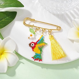 Брошь из стеклянного бисера в виде попугая, с железной фурнитурой для броши и подвесками-кисточками из полиэстера