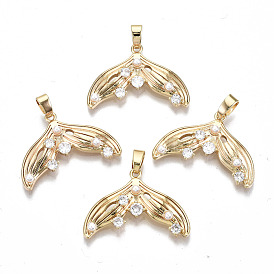 Brass Micro Pave Clear Cubic Zirconia Pendants, with Snap on Bails, Nickel Free, Fishtail Shape