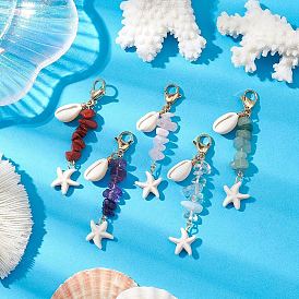 5Piezas de decoración colgante de concha de cauri natural y turquesa sintética con estrellas de mar, Con cuentas de opalita y cuarzo rosa natural y jaspe rojo y aventurina verde y amatista
