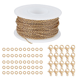 Ювелирные комплекты diy, с 304 паяными кабельными цепями из нержавеющей стали, Застежки из когтей лобстера и открытые кольца