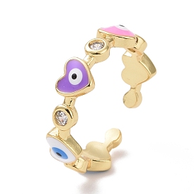Colorful Enamel Heart Evil Eye & Cubic Zirconia Open Cuff Ring, Brass Jewelry for Women, Cadmium Free & Lead Free
