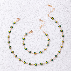 Colorful Flower Oil Drop Bracelet Necklace Set - Daisy Chain Jewelry Set, Charming.