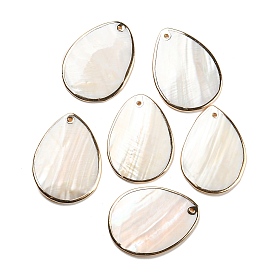 Natural Freshwater Shell Pendants, Teardrop Charms with Brass Edge